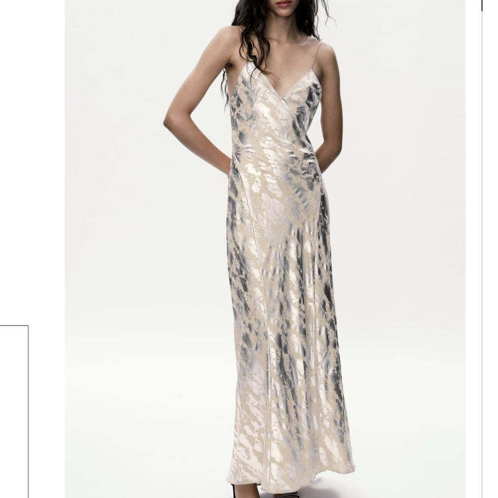 ZARA Long metallic foil print slip dress Silver Gray Beige S M NWT